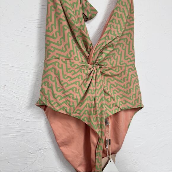 Self Portrait Pink Green Twist Front One Piece Swimsuit Womens 10 Halter NWT - Picture 3 of 9